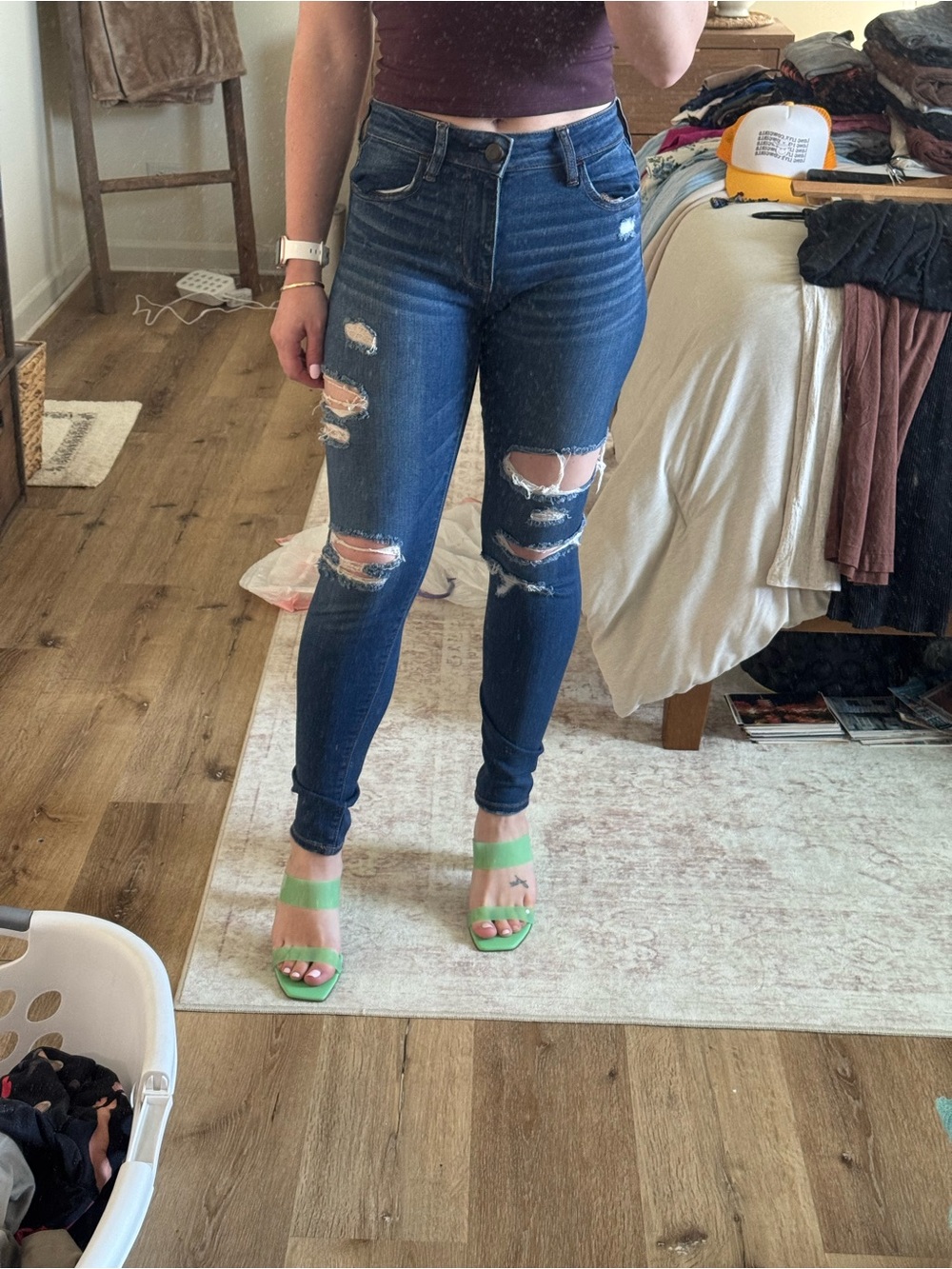 American Eagle Outfitters Dark Blue Distressed High-Rise Skinny Jeans